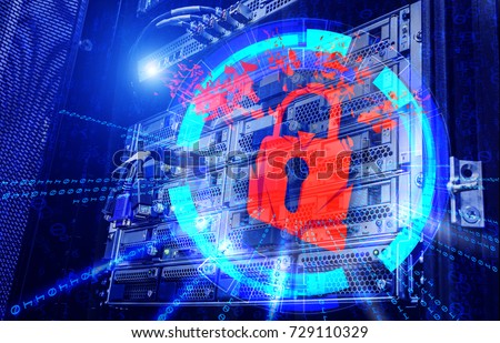concept of cyber attacks as a red exploding barn lock and a visualization hakkerskih hacking on the server background modern data center