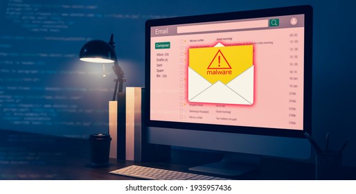 Concept Of Cyber Crime, Computer Show Malware Screen That Comes With Email, Hack Password From Bank Accounts And Personal Data.