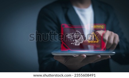 concept of Cyber ​​security online Warnings or tech scams accessing personal data,Man shows warning about use smart technology (Ai) with virtual screen Access to malicious software or threats.