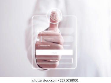 concept of cyber security, data security and encryption, secure access to user private data, secure internet access, cyber security businessman scanning fingerprint on virtual screen