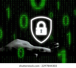 Concept of cyber security, data security and encryption, secure access to user personal data, secure internet access, cyber security, mobile smartphone and padlock icon. binary code numbers
