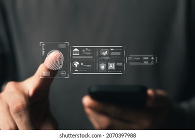 Concept Of Cyber Security Digital Technology, Business People Use Fingerprints To Access Personal Cybersecurity, Keeping Users' Personal Information Safe, Secure Internet Access