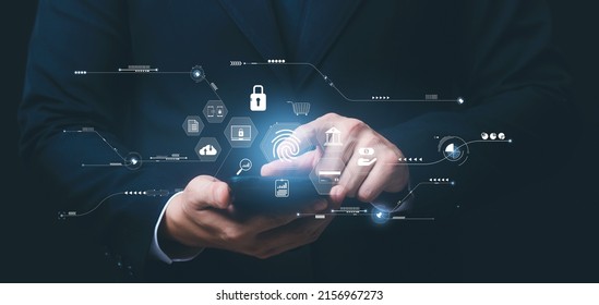 Concept Of Cyber Security Digital Technology, Business People Use Fingerprints To Access Personal Cybersecurity, Keeping Users' Personal Information Safe, Secure Internet Access