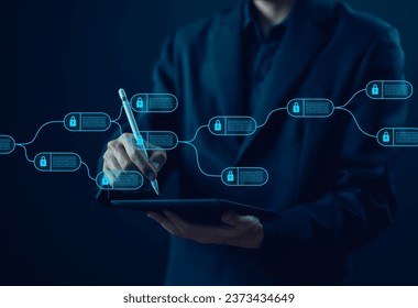 concept cyber security financial, cryptocurrency digital. blockchain technology ledger data algorithm linked together in a chain. The system Payments and transactions to secure business networks. - Powered by Shutterstock - Get 15% off with code: PIKWIZARD15