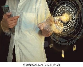 concept cyber security and future technology Students learn cyber world and future technology. finger touch fingerprint to scan password with technology icon and padlock with artificial intelligence 