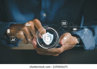 Concept Of Cyber Security, Information Security, And Encryption, Secure Access To User's Personal Information,  Man Using His Mobile Selects The Icon Security On The Virtual Display. Cybersecurity.vpn