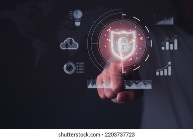 Concept of cyber security, information security and encryption, Cloud technology. Data storage. show graph and chart business