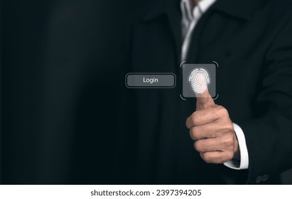 Concept of cyber security, information security and encryption, secure access to user's personal information, secure Internet access, cybersecurity.Businessman finger scan on virtual screen.