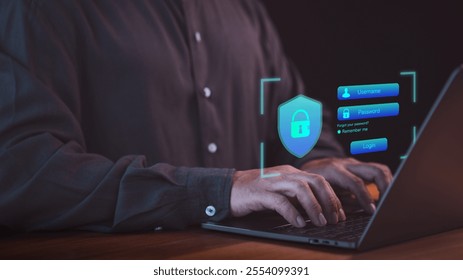 Concept of cyber security, information security and encryption on laptop, highlighting secure login methods, interface show username and password field, cybersecurity and user identity protection.