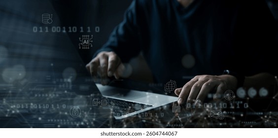 Concept of cyber security with person working on laptop, AI artificial intelligence interface, secure network, data protection, binary code and digital safety system.