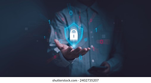 Concept of cybersecurity, data protection with secure access to internet networks. Businessman protecting personal information on a smartphone virtual screen interface cyber security.