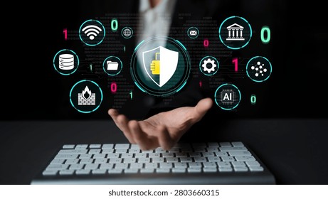 Concept of Cybersecurity with Digital Shield and Data Protection Iconography for Modern Technology Themes