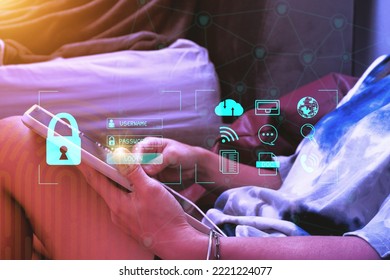 Concept : Cybersecurity Global network security technology,  protect personal information. Encryption with a key icon on the virtual interface.