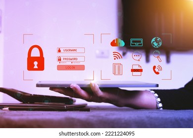 Concept : Cybersecurity Global network security technology,  protect personal information. Encryption with a key icon on the virtual interface.