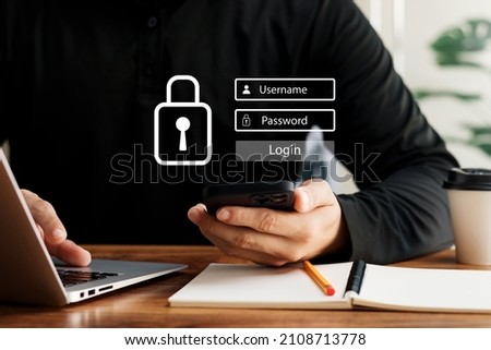 Concept of cybersecurity, cybersecurity and login and password, information security and encryption, secure Internet access, future technology and cybernetics.