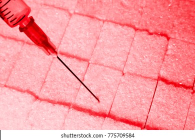 The Concept Of The Danger Of Disease From Eating Sugar. Syringe Refiners, Blood Red Tint