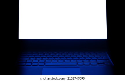 Concept Of Dark Web Cyberspace. Front View Of Laptop Empty White Screen And Keyboard