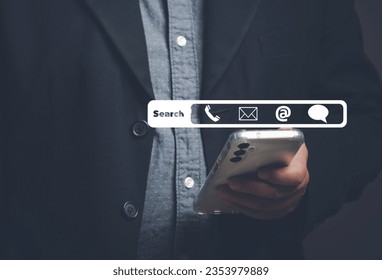 The concept of data search. Users use mobile phones, company contacts, phone numbers, text conversations, and addresses to search for information. Contact us concept.