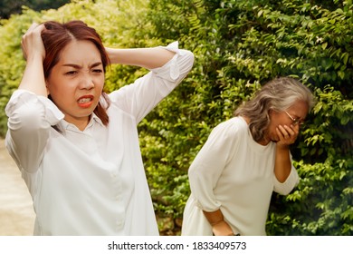 Concept Daughter's Negatives On The Sick Mother : Daughter Is Frustrated With A Stressful Facial Expression To Take Care Of, The Mother Has A Chronic Illness, Coughing, Dirty Mucus And Spreading Germs