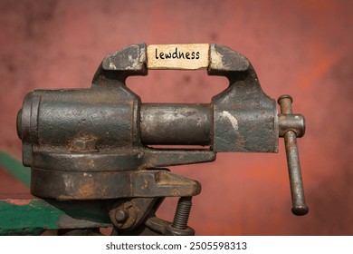 Concept of dealing with problem. Vice grip tool squeezing a plank with the word lewdness