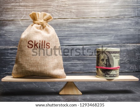 The concept of decent wages of an employee for useful skills. Professionals of the business. Low-quality incompetent courses private for teaching another popular profession for money. Balance. Scales
