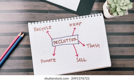 Concept of Declutter write on book with keywords isolated on Wooden Table. - Powered by Shutterstock