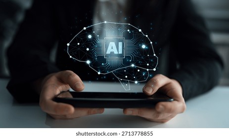 A concept of a deep learning neural network. The AI processor acts as the core of a digital brain, representing the complex algorithms and connections of machine learning. Parse