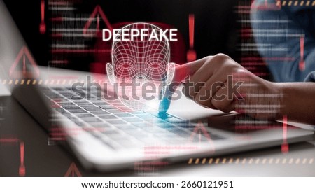Concept of deepfake technology and cybersecurity risks, with facial recognition, digital identity threats, and AI-generated face manipulation warning on laptop for secure access and system safety.
