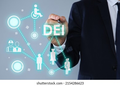 Concept Of DEI - Diversity, Equality, Inclusion. Virtual Screen With Different Icons And Businessman On Light Grey Background, Closeup