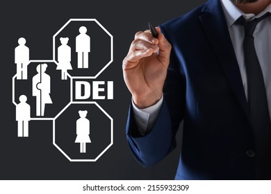 Concept Of DEI - Diversity, Equality, Inclusion. Virtual Screen With Different Icons And Businessman On Dark Background, Closeup