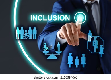 Concept Of DEI - Diversity, Equality, Inclusion. Virtual Screen With Different Icons And Businessman On Grey Background, Closeup