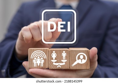 Concept Of DEI Diversity Equality Inclusion Belonging Human Rights. Man Promotes Of DEI As Diversity People Group Communication.