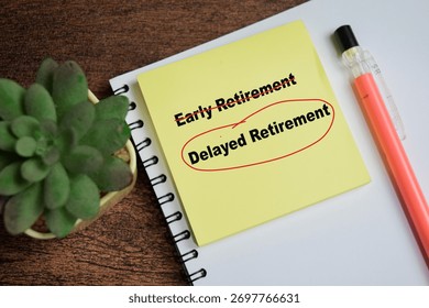 Concept of delayed retirement write on sticky notes isolated on Wooden Table.