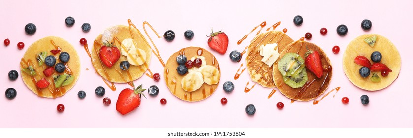 Concept of delicious dessert with pancakes on pink background - Powered by Shutterstock