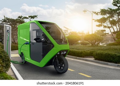 Concept of delivery electric tricycle scooter with charging station on city street