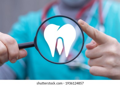 Concept Of Dental Care. Dentist Hold Magnifier With Tooth Icon. Teeth Clean And Oral Health.