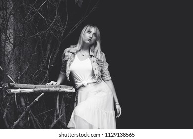 Concept of depression is despondency and sadness. Problems with women. The concept of fear and horror. Lonely sad simple woman in confusion