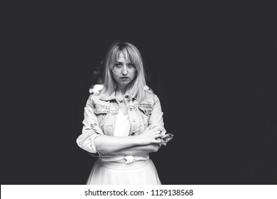 Concept of depression is despondency and sadness. Problems with women. The concept of fear and horror. Lonely sad simple woman in confusion
