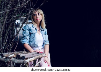 Concept of depression is despondency and sadness. Problems with women. The concept of fear and horror. Lonely sad simple woman in confusion