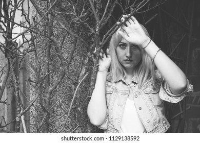 Concept of depression is despondency and sadness. Problems with women. The concept of fear and horror. Lonely sad simple woman in confusion