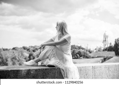 Concept of depression is despondency and sadness. Problems with women. The concept of fear and horror. Lonely sad simple woman in confusion