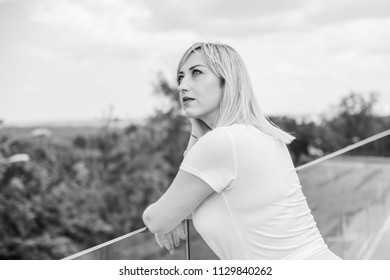 Concept of depression is despondency and sadness. Problems with women. The concept of fear and horror. Lonely sad simple woman in confusion