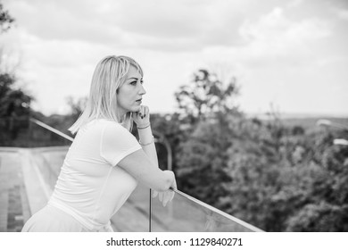 Concept of depression is despondency and sadness. Problems with women. The concept of fear and horror. Lonely sad simple woman in confusion