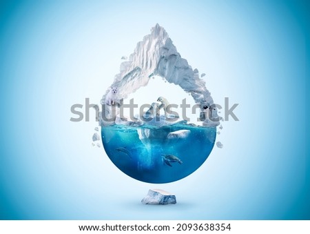 Concept design for Global warming and preserving life on Earth. The glacier melting and endangering the wildlife. Photo manipulation in the form of a water drop 