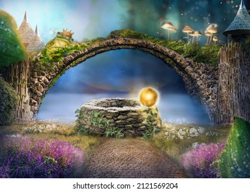 Concept design inspired by The Frog Prince fairytale. Water well with the golden ball in a beautiful forest near the castle. Soft feeling with a blur for a depth of field effect. Backdrop, background