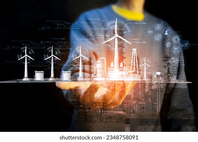 The concept of developing clean energy such as wind energy for energy sustainability. industrial energy 5.0, ECO, ESG, AI