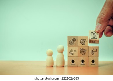 Concept Of Developing A Home Security System With AI Systems, A New World For The Evolution Of Technology. Wooden Cube With Digital Skill Icon With Hands On Blue Background With Copy Space