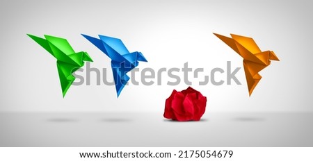 Concept of development and unsuccessful creative thinking as a symbol of potential talent or developmental problem as a health or business metaphor as a group of origami birds and a crumpled paper.