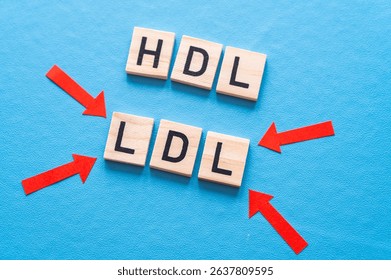 Concept of difference between HDL and LDL cholesterol, with terms composed with wooden alphabet on a blue background; bad cholesterol LDL.
