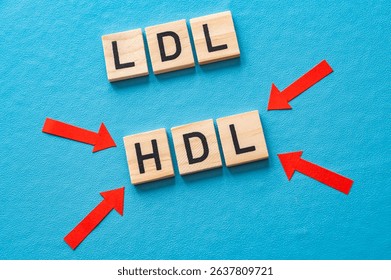 Concept of difference between HDL and LDL cholesterol, with terms composed with wooden alphabet on a blue background, good cholesterol HDL.
